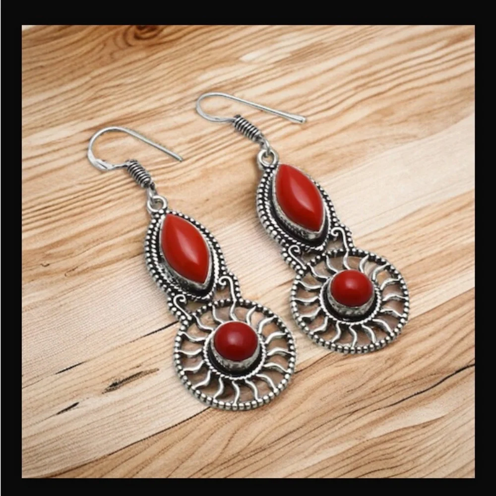 Coral Red Handcrafted Drop Dangle Hook Style Earrings Jewelry 2.16" L New W Tags - Picture 2 of 9
